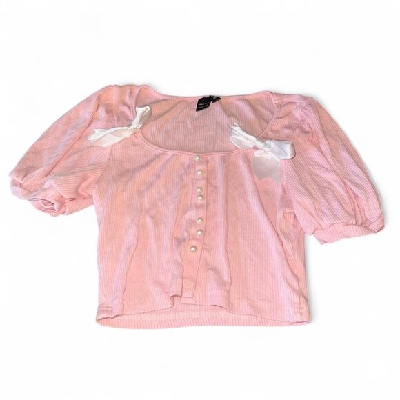 SHEIN MOD Bow Pearls Detail Puff Sleeve Crop Tee - Picture 1 of 3